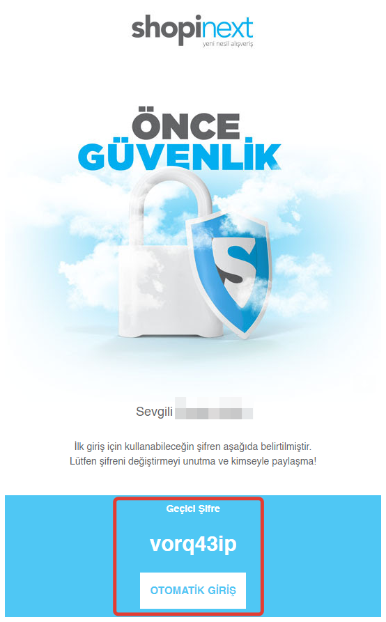 geçici şifre shopinext