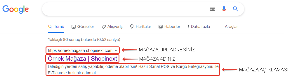 e-ticaret sitesi google arama sonucu shopinext